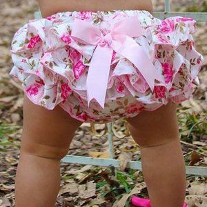 Pink Floral Print Satin Ruffle bottom bloomers, embellished diaper cover, ruffle